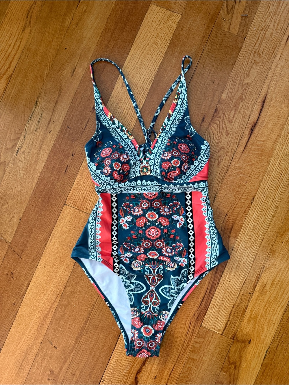 Cupshe Paisley Print One-Piece Swimsuit - Navy & Coral NWT small tie adjust back